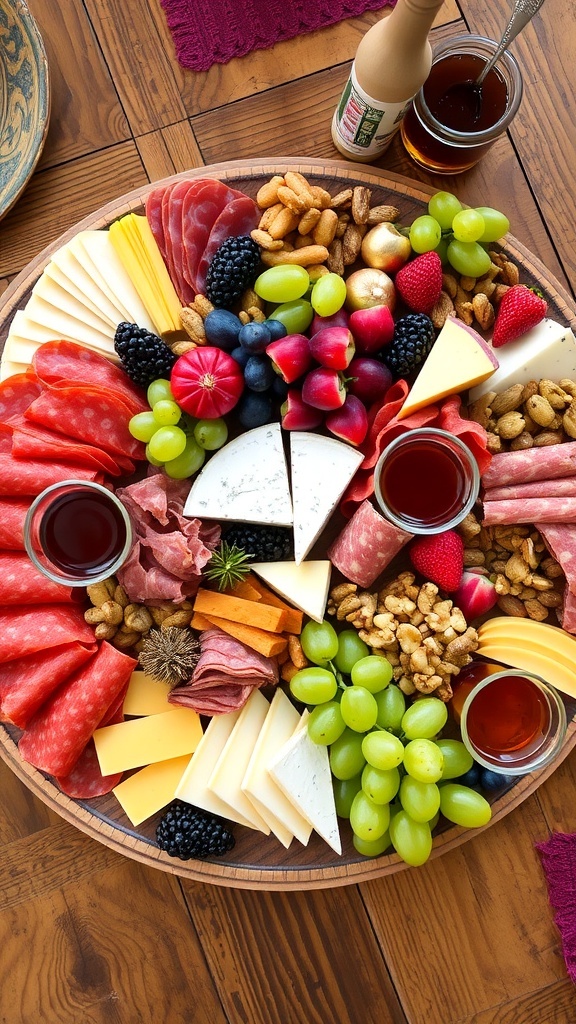 A round charcuterie board with assorted meats, cheeses, fruits, and nuts, elegantly presented on a wooden platter.